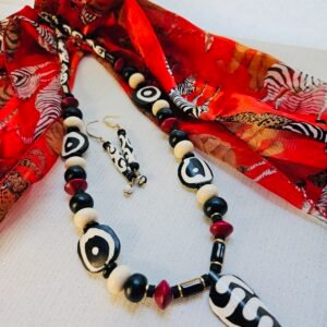 24" Necklace - Black & Red Wood & Glass Beads from Ghana Africa