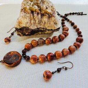 18" necklace and earrings with Jasper beads and hand painted medallion from Ghana Africa