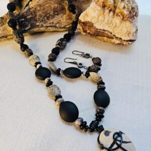 24" necklace and earrings with zebra Jasper, Tibetan agate, lava rock, Batik bone and a wire wrapped Jasper pendant-