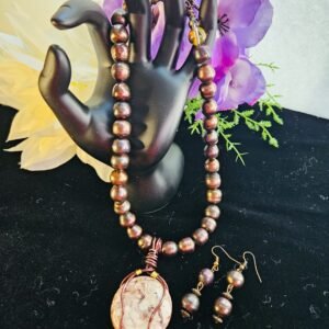 16" choker necklace and earrings in 8mm bronze cultured pearls with wire wrapped picture Jasper pendant.