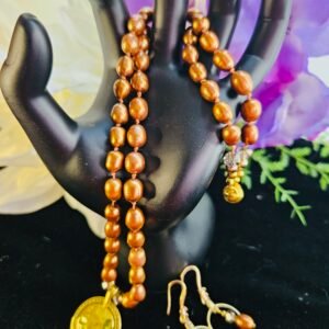 20" necklace and earrings in hand knotted 4mm bronze gold fresh water pearls with gold pendant.