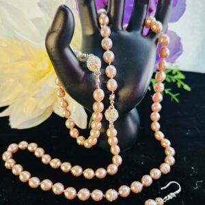 24" necklace, 7.75 bracelet and earrings in 6mm cultured champagne pearls with magnetic clasp.