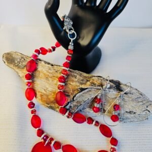 22" necklace and earrings in red matte and faceted glass, stainless steel accents
