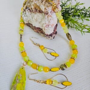 20" necklace and earrings with faceted citrine, jade, cats eye and a 2" Jasper pendant.