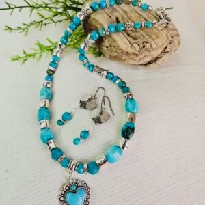 20" Turquoise necklace and earrings with stainless steel accents.