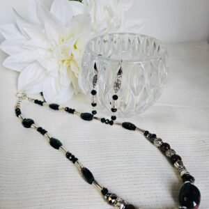 20" necklace and earrings in Jasper stone and glass beads with stainless steel accents