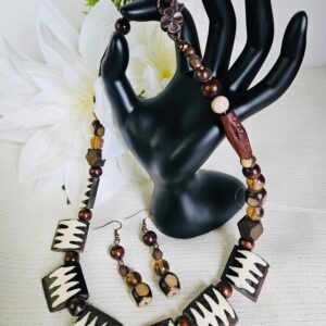 18" necklace and 2" earrings in Batik bone, wood, jasper and holographic glass beads
