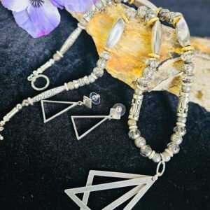 24" stainless steel and glass necklace and 2" dangling stud earrings.