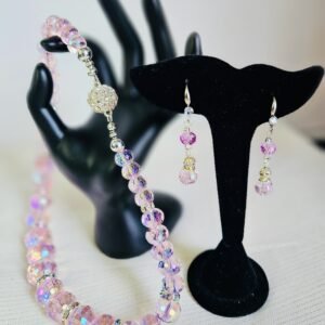 18" pink faceted and graduated necklace and earrings with rhinestone magnetic clasp.