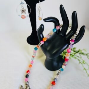 18" multi-colored faceted quartz necklace and hoop earrings. stainless steel accents.