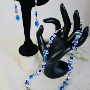18" Necklace and earrings in blue lantern beads with stainless steel accents.
