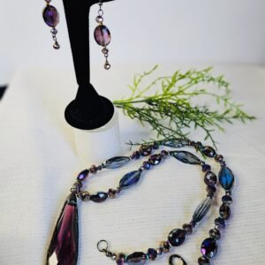 24" necklace and earrings in purple faceted crystal cut beads with 3" pendant.