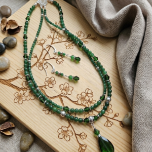 20" Double Strand of Emerald Faceted Quartz with Emerald Crystal Pendant and rhinestone Clasp paired with Emerald and Silver Huggy Earrings.