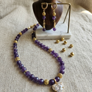20" Faceted Amethyst with Crystal Pendant and Gold and Purple Huggy Earrings.