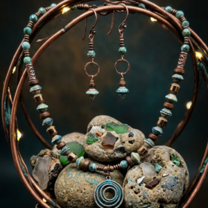 18" Saturn and Czech Copper Bead Necklace with Round Metal Pendant. Paired with Huggy Earrings
