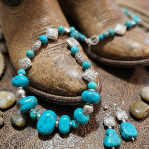 18" Turquoise Nugget Silver and Bead Necklace paired with Stud Earrings.